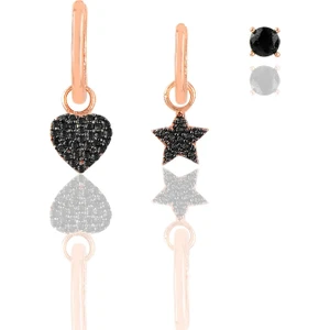 Söğütlü Silver Gümüş Rose Siyah Taşlı Yıldız Kalp, ve Tektaşlı Kombin Küpe