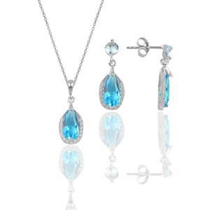 Söğütlü Silver Gümüş Rodyumlu Akuamarin Taşlı Damla Modeli Kolye ve Küpe Ikili Set