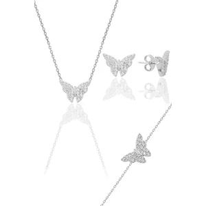 Söğütlü Silver Gümüş Rodyumlu Zirkon Taşlı Kelebek Kolye Küpe ve Bileklik Üçlü Set