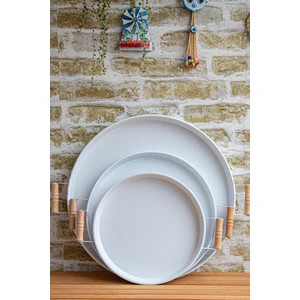 Kitchen Trend 3 Lü Beyaz (45, 37, 30 Cm) Ahşap Kulplu Metal Tepsi Çay Tepsisi  Sunum Tepsi Seti