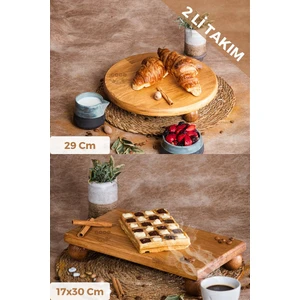 Justwood 2 Li Risus Top Ayaklı 29 Cm Ve 17x30 Cm Ahşap Dikdörtgen Pasta Sunum Servis Tabağı Seti
