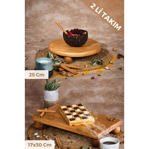Justwood 2 Li Risus Top Ayaklı 25 Cm Ve 17x30 Cm Ahşap Dikdörtgen Pasta Sunum Servis Tabağı Seti
