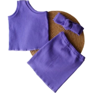 Defneli Bebe Kız Çocuk Tek Omuz Crop Etekli Takım - Mor Bandanalı Set