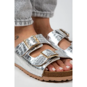 Croco - Hb Kadın Hakiki Deri Çift Tokalı Crocodile Gümüş Terlik