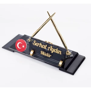 Türk Bayraklı Masa Isimliği Bayrak Logolu Elit Kristal Ofis Masaüstü Isimlik