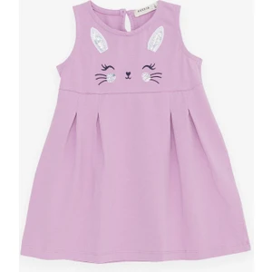 Kız Çocuk Elbise Nakışlı Pullu Sevimli Kedicik Baskılı 1.5-5 Yaş, Lila