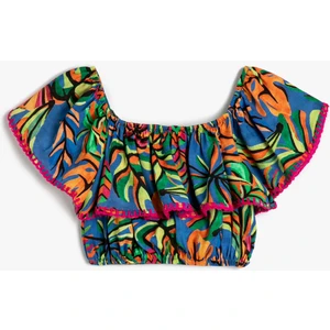 Crop Bluz Kolsuz Açık Omuz Fırfırlı Floral Desenli