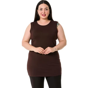 Disentis Modest Büyük Beden Yuvarlak Yaka Kalın Askılı Viskon Uzun Kahverengi Body