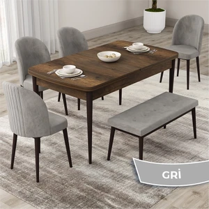 Concept Roe Serisi Açılabilir 80X132 Barok Ahşap Desen Mutfak Masası Takımı 4 Sandalye 1 Bench