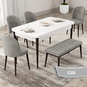 Concept Roe Serisi Açılabilir 80X132 Beyaz Masa Ceviz Ayak Mutfak Masası Takımı 4 Sandalye 1 Bench