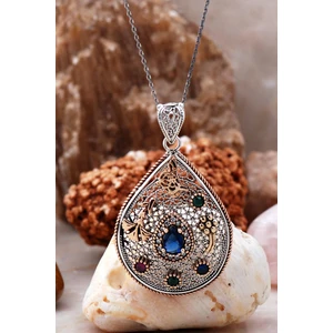 Sümer Telkari İşlemeli Safir Taşlı Tasarım Kolye 3910