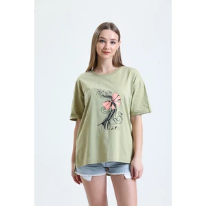 Açık Yeşil Kısa Kollu Pamuk Penye Tişört Bluz Rahat Kesim Baskılı Dökümlü Yazlık