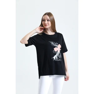 Siyah Kısa Kollu Pamuk Penye Tişört Bluz Rahat Kesim Baskılı Dökümlü Yazlık