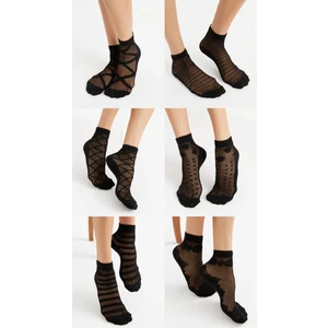 6’lı Paket Siyah Tül Çorap Seti Pantolon Çorabı Desenli