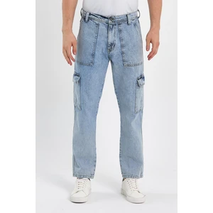 Beli Kemerli Rahat Kalıp Denim Taş Yıkamalı Kot Kargo Cep Pantolon Buz Mavi Buz Mavi