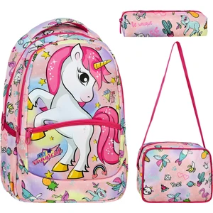 3’lü Ilkokul Unicorn Desenli, Kız Çocuk Beslenmeli ve Kalemlikli Okul Çantası