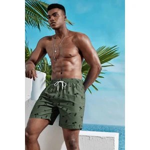 Erkek Basic Standart Boy Ananas ve Palmiye Baskılı Mayo Cepli Deniz Şortu