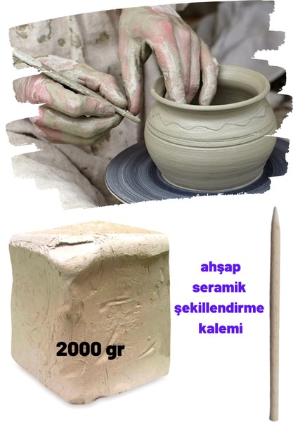 2000 gr Beyaz Seramik Hamuru, 2 kg Kil Çamuru, Tekli Şekillendirme Kalemi Ebeşuar Hobi Çamuru Hamuru