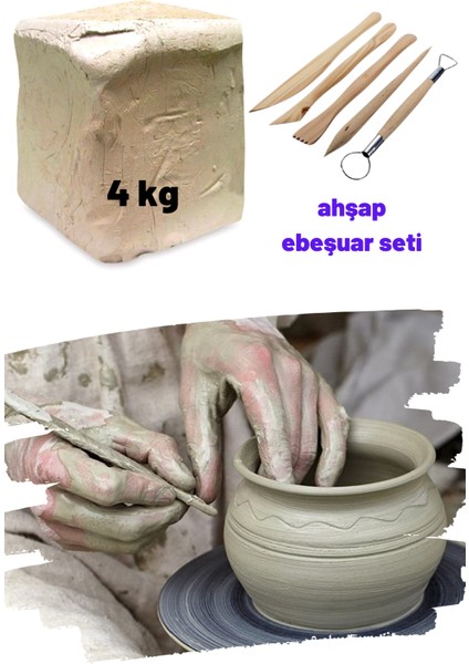 4 kg Beyaz Seramik Hamuru, Ahşap Ebeşuar Seti, 4000 gr Kil Çamuru, Doğal Hobi Oyun Çamuru
