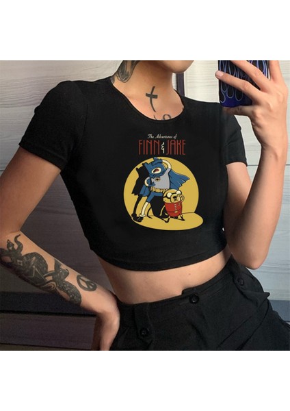 Adventure Time Finn And Jake Baskılı Siyah Crop