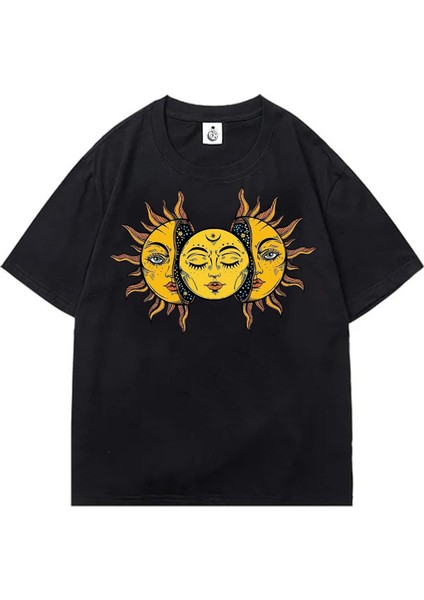 Sun And Moon Oversize Siyah T-Shirt