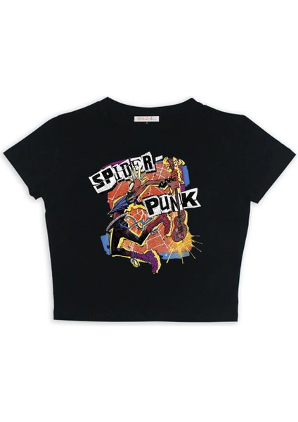 Spider Punk Baskılı Siyah Crop