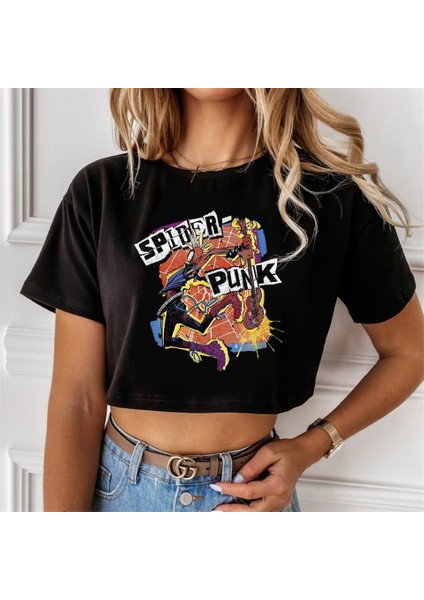 Spider Punk Baskılı Siyah Crop fiyatları