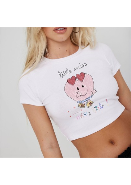 Little Miss Baskılı Beyaz Crop