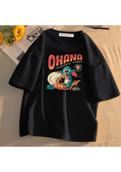 Ohana Baskılı Siyah Oversize T-Shirt