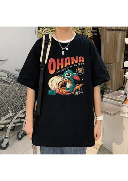 Ohana Baskılı Siyah Oversize T-Shirt