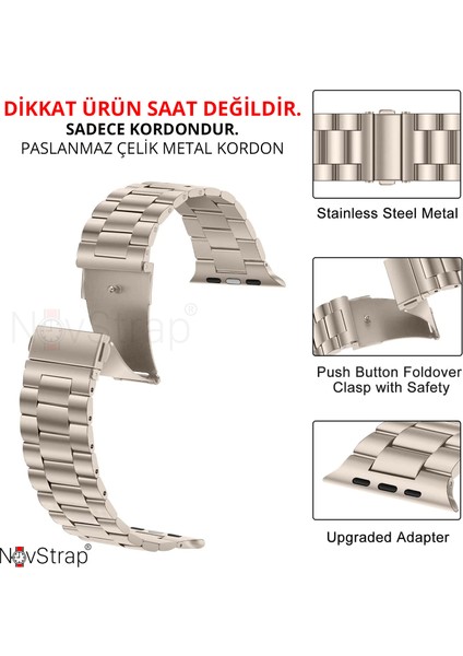 Apple Watch Seri 7/8/9 45mm Kordon Starlight Yıldız Işığı Klasik Metal Paslanmaz Çelik modelleri