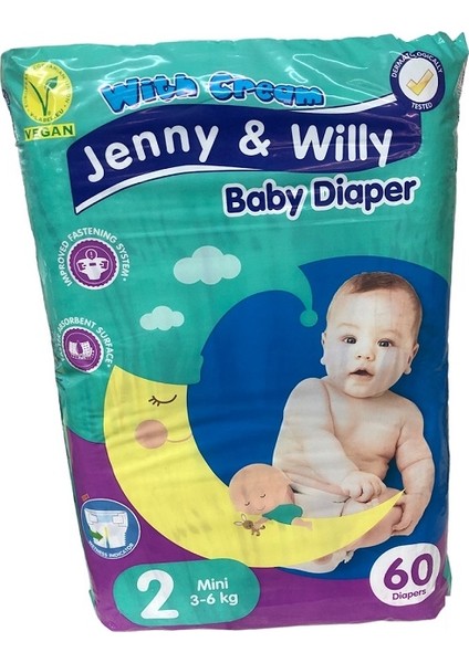 Jenny & Willy Bebek Bezi Vegan 2 Beden 3-6 kg Avantaj Paket 60 Adet