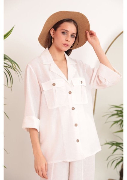 Keten Kumaş Kemer Detay Cepli Kadın Tunik Ekru fiyatları