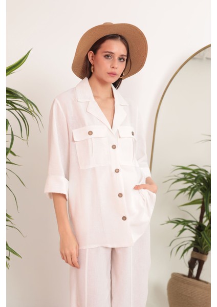 Keten Kumaş Kemer Detay Cepli Kadın Tunik Ekru modelleri