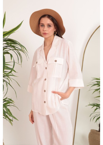 Keten Kumaş Kemer Detay Cepli Kadın Tunik Ekru fırsatları