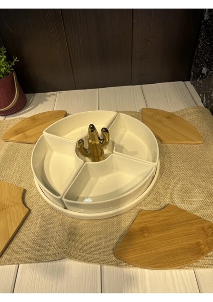 Bambu Kapaklı Porselen 4 Bölmeli Gözlü Tepsili Kahvaltılık Çerezlik fiyatları