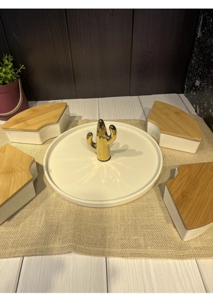 Bambu Kapaklı Porselen 4 Bölmeli Gözlü Tepsili Kahvaltılık Çerezlik modelleri