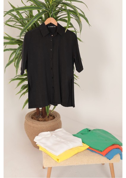 Modal Kumaş Kısa Kol Kadın Gömlek Siyah