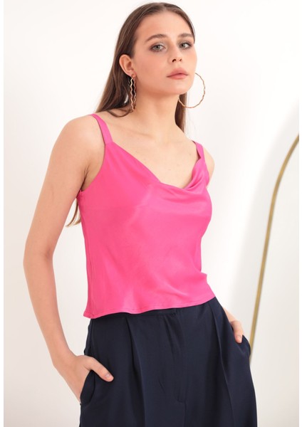 Saten Kumaş Degaje Yaka Kadın Bluz-Fuşya