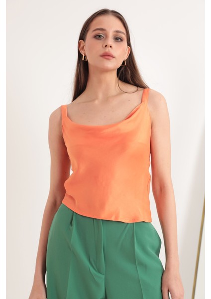 Saten Kumaş Degaje Yaka Kadın Bluz-Oranj modelleri