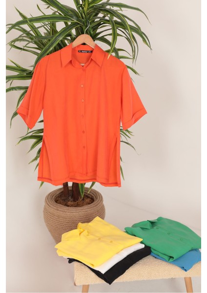 Modal Kumaş Kısa Kol Kadın Gömlek Oranj