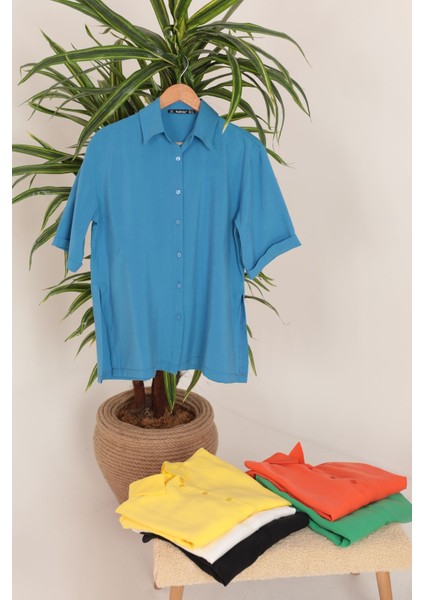 Modal Kumaş Kısa Kol Kadın Gömlek Mavi