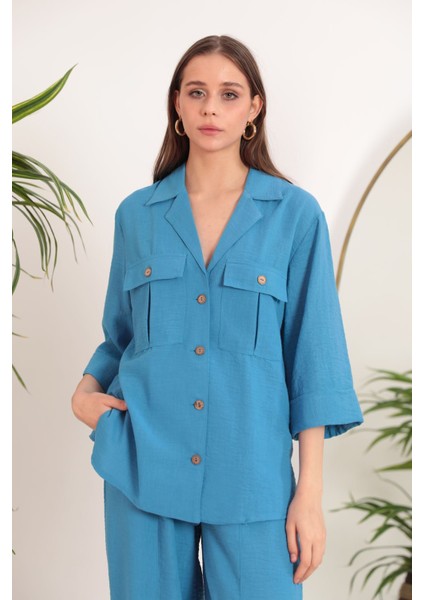 Keten Kumaş Kemer Detay Cepli Kadın Tunik Mavi fiyatları