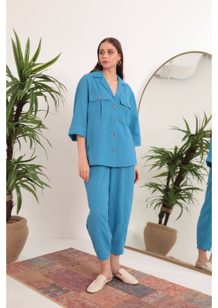 Keten Kumaş Kemer Detay Cepli Kadın Tunik Mavi modelleri