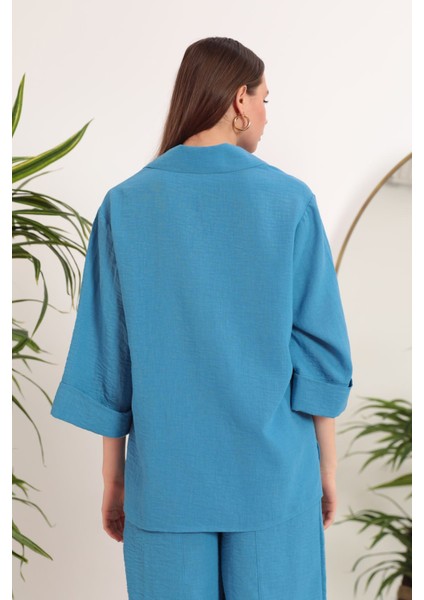Keten Kumaş Kemer Detay Cepli Kadın Tunik Mavi fırsatları