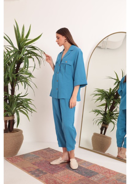 Keten Kumaş Kemer Detay Cepli Kadın Tunik Mavi indirimleri