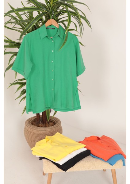 Modal Kumaş Kısa Kol Kadın Gömlek Yeşil