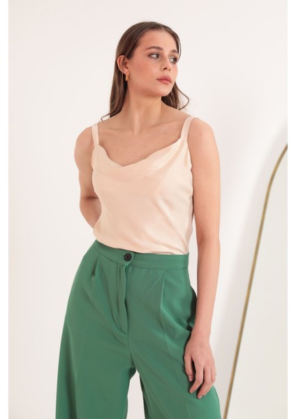 Saten Kumaş Degaje Yaka Kadın Bluz-Bej