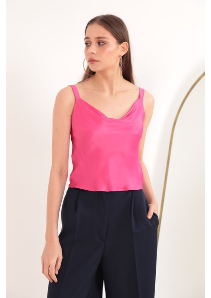 Saten Kumaş Degaje Yaka Kadın Bluz-Fuşya fiyatları