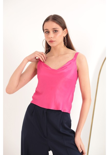 Saten Kumaş Degaje Yaka Kadın Bluz-Fuşya indirimleri